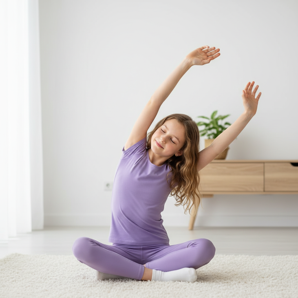 A 9-year-old girl doing a gentle stretch with her arms overhead while sitting cross-legged on a rug