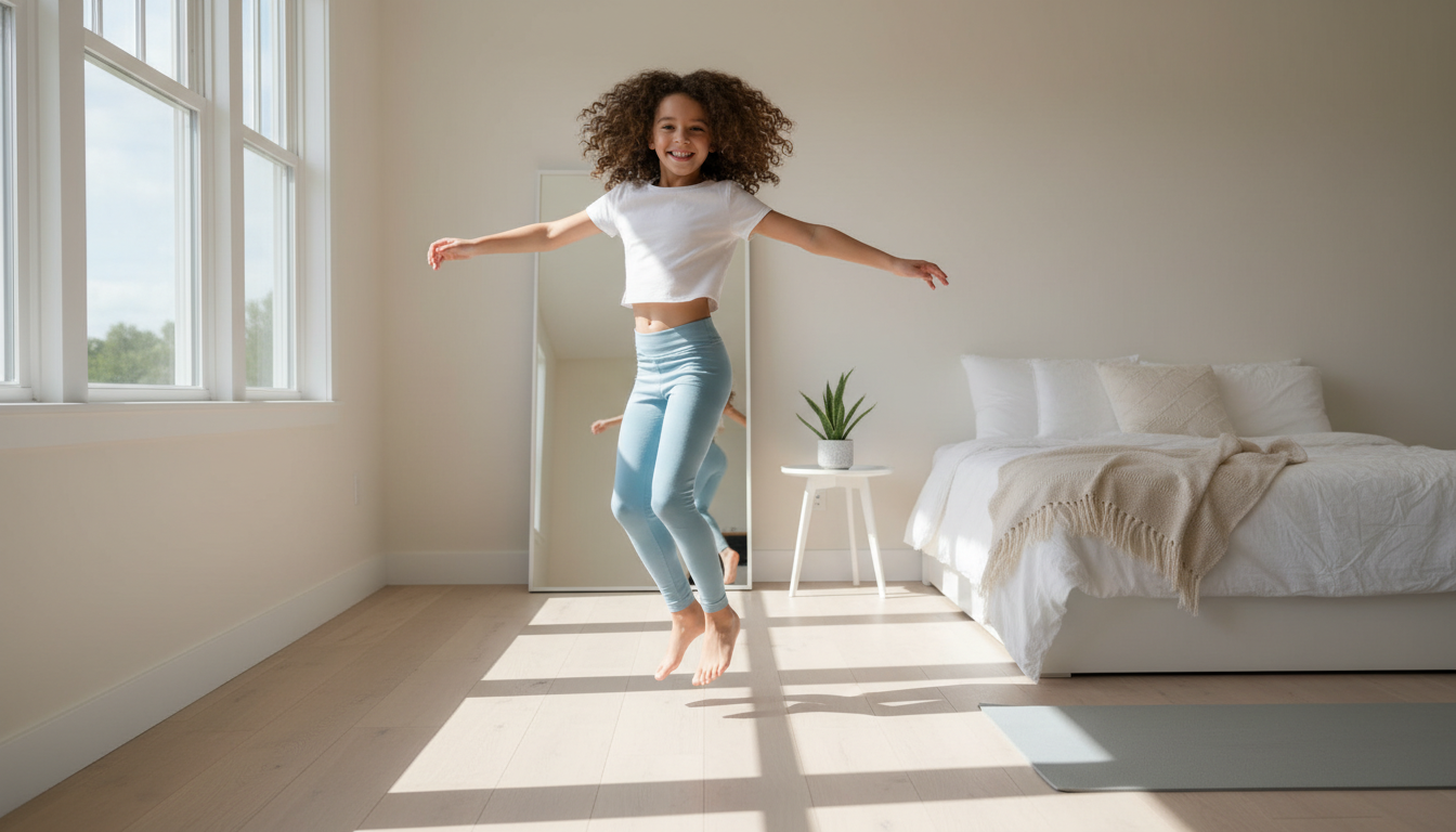 Preteen girl doing dance exercise at home showing motivating children to be active