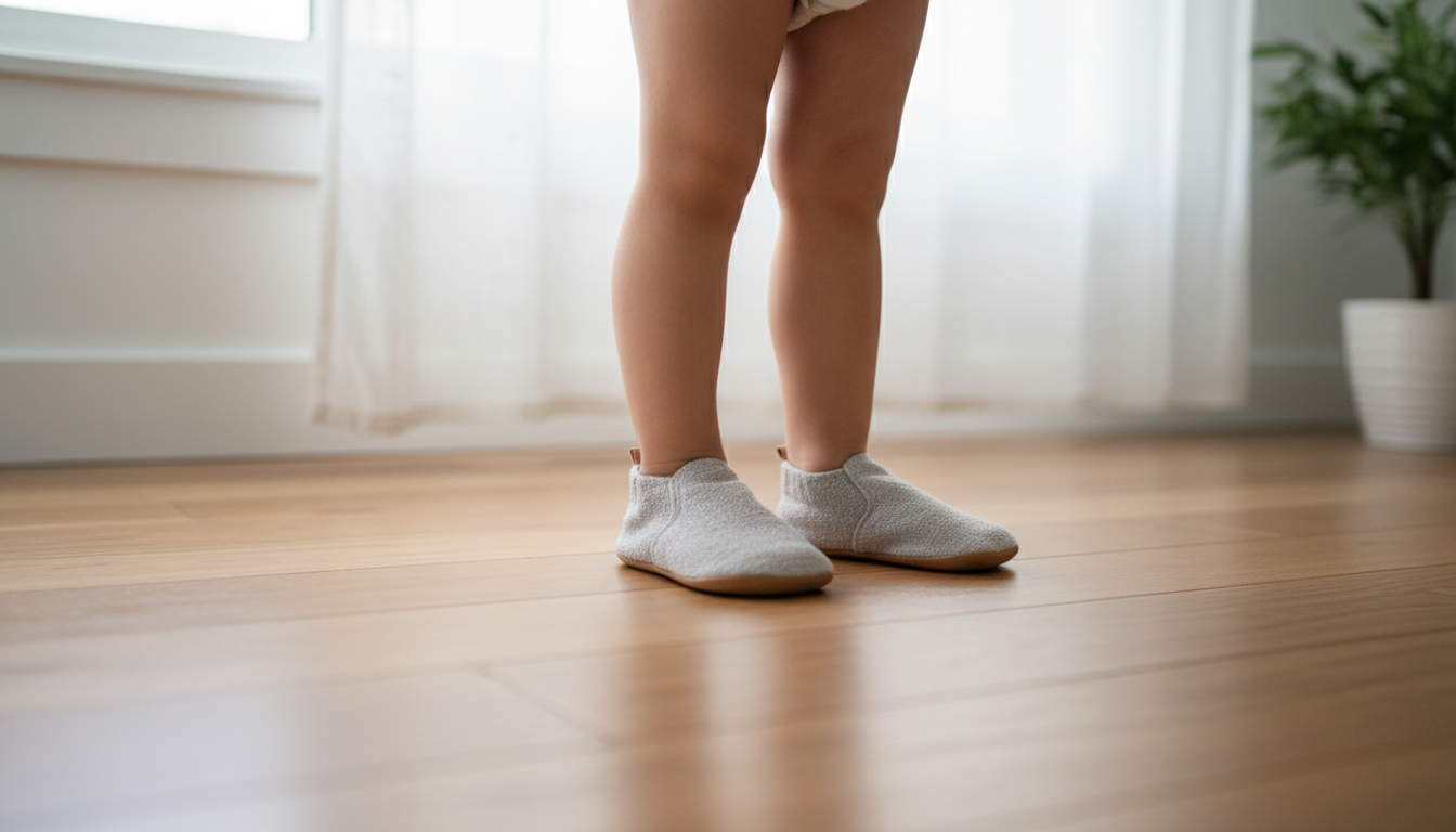 Child feet in minimalist barefoot shoes on wood floor