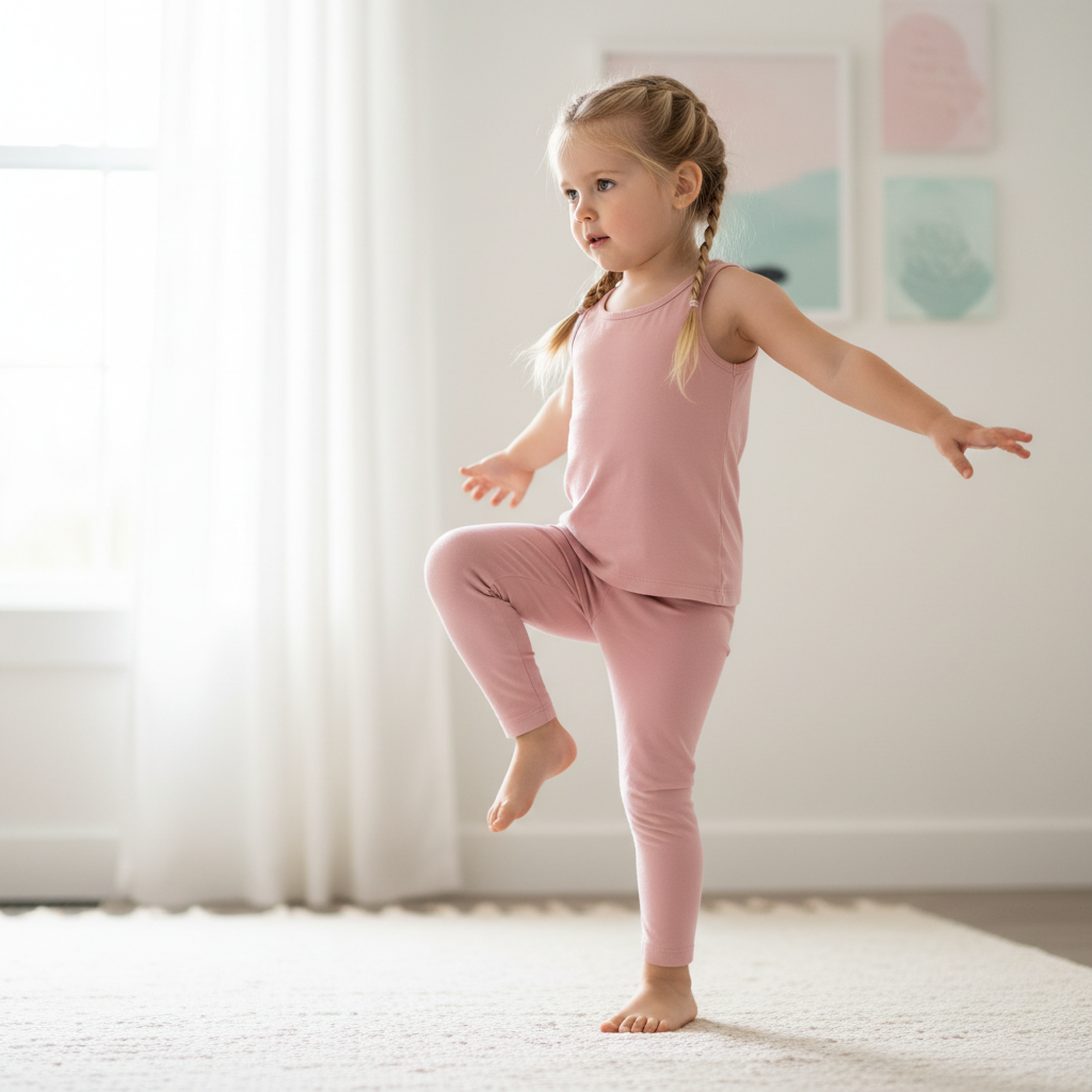 Young girl doing heel raises barefoot on a cream rug with focused expression