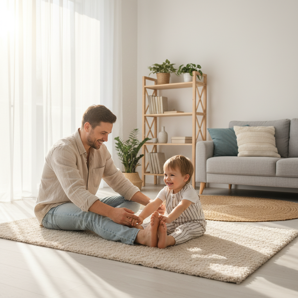 Parent and child doing a butterfly stretch together for knock knees exercises