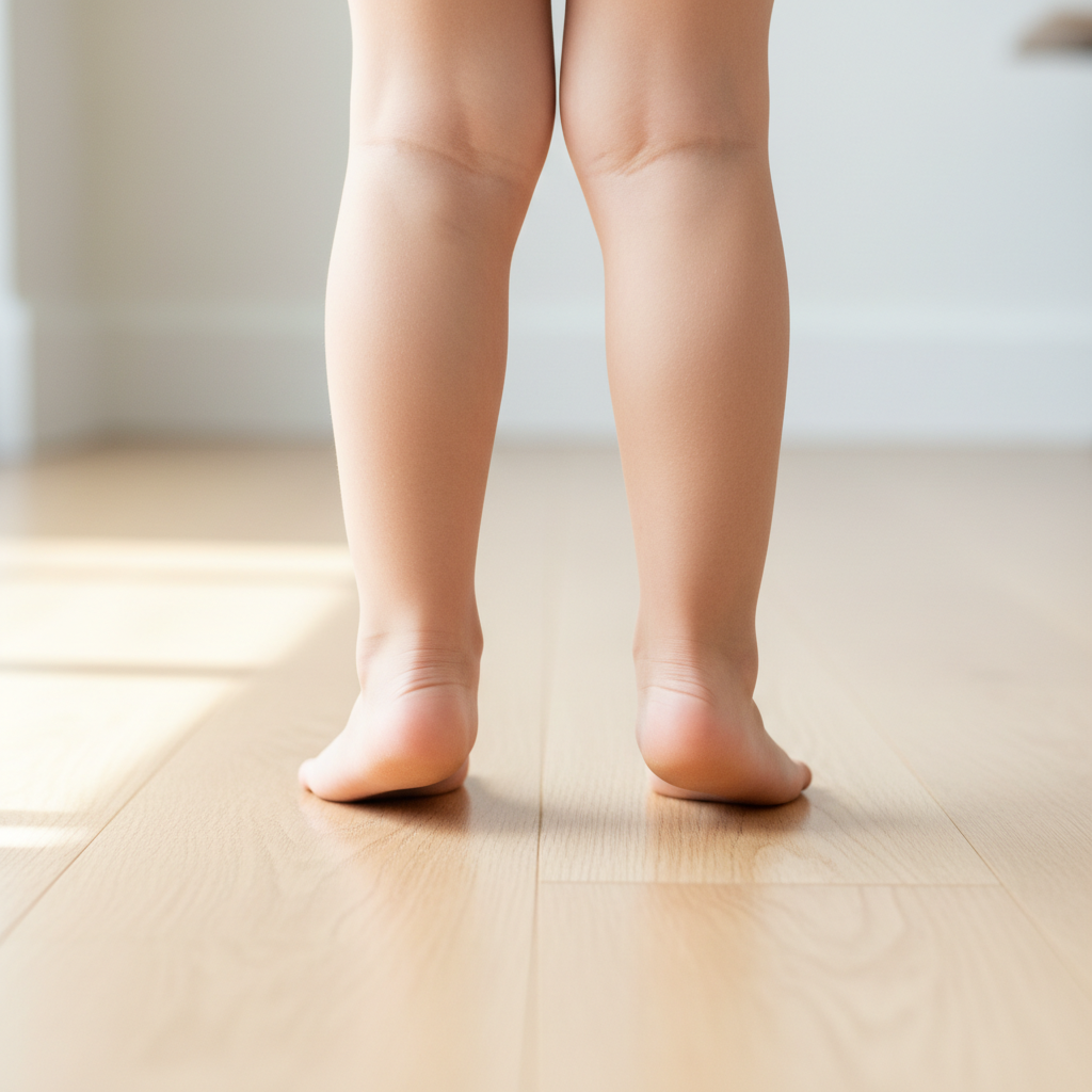 Close-up of a child's bare feet standing on a light floor showing flat foot alignment