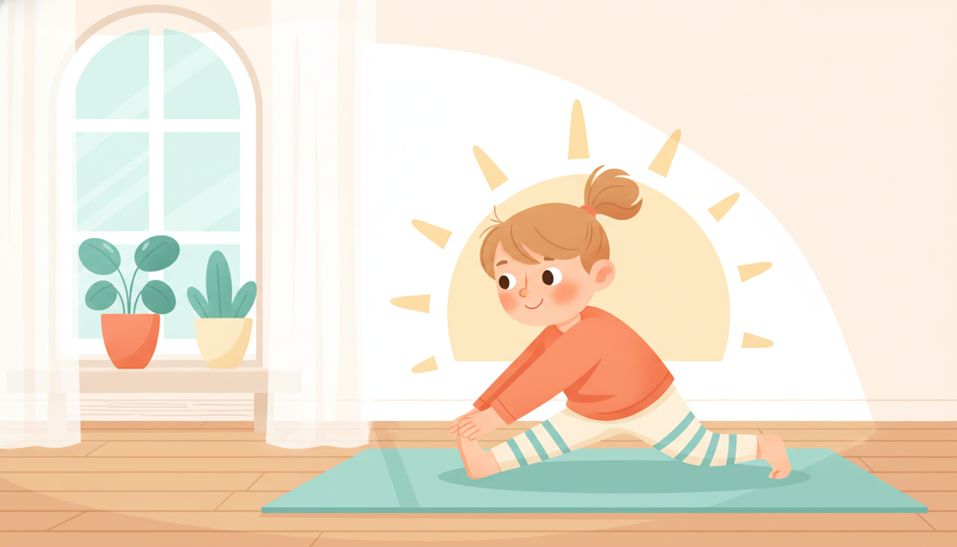 Child doing a stretching exercise on a yoga mat with playful expression