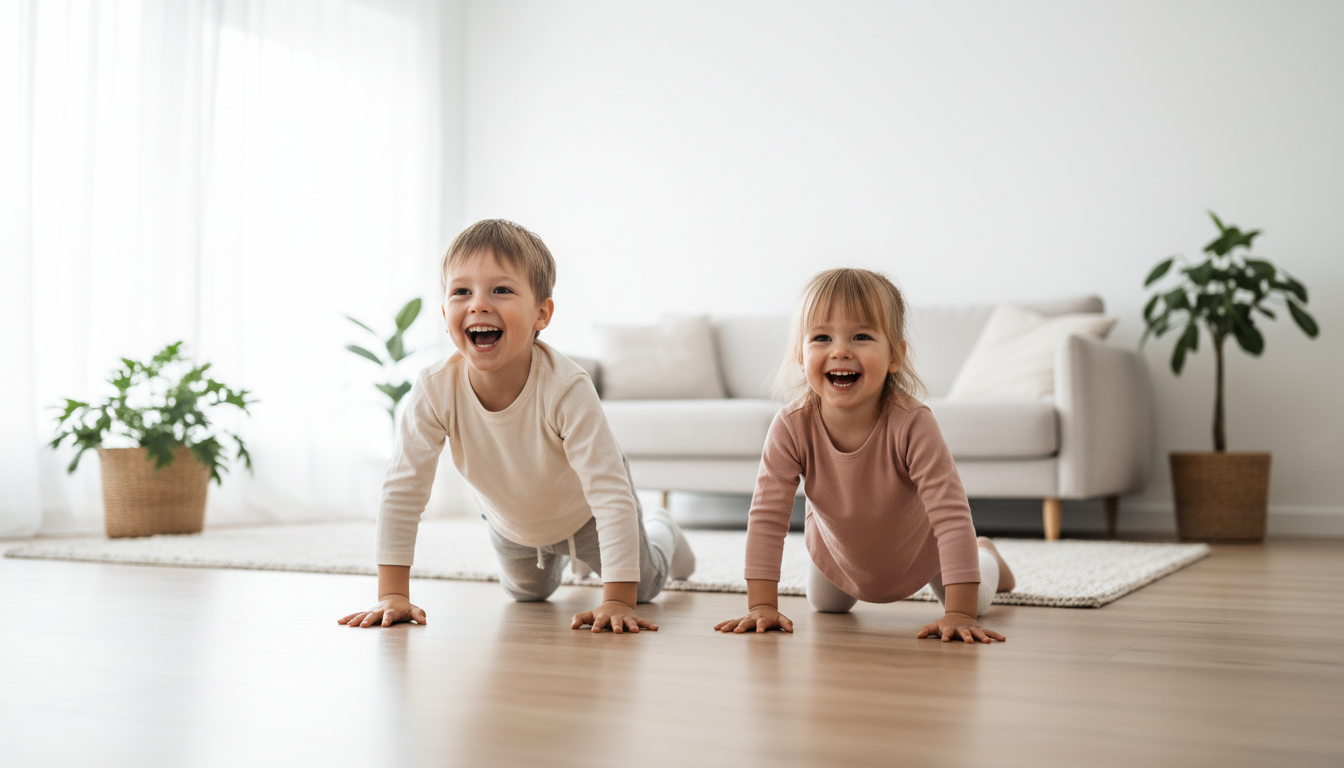 Kids doing bear crawl across living room