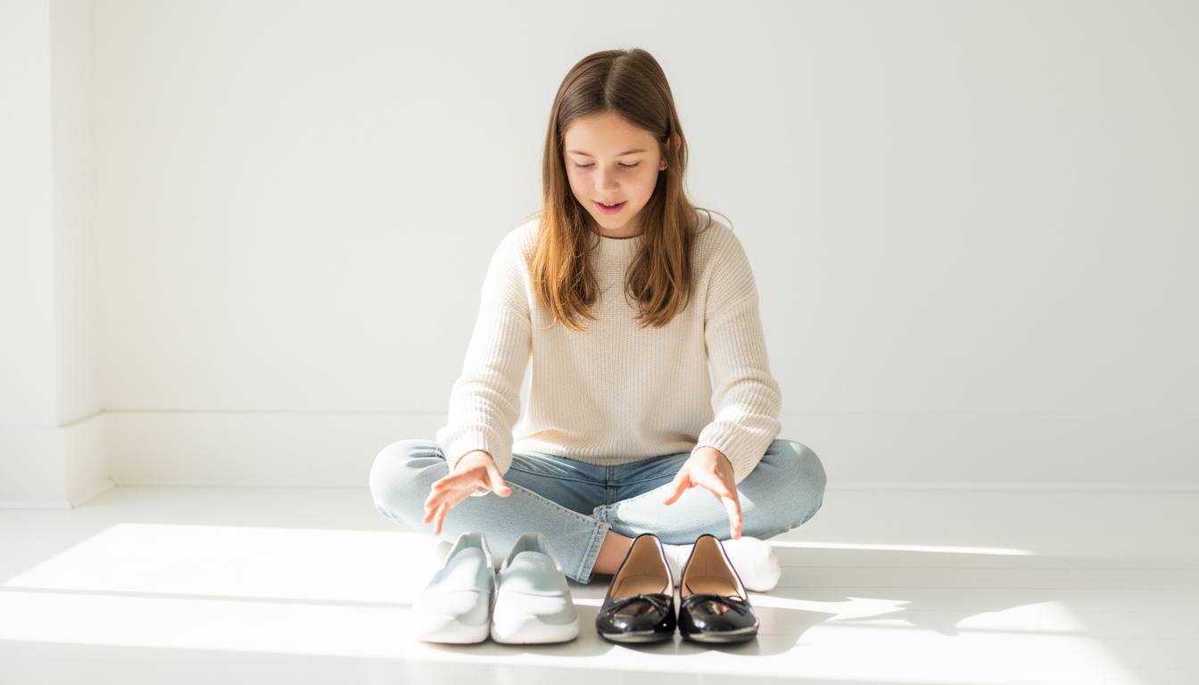 Girl comparing two pairs of shoes for children's shoe guide foot health
