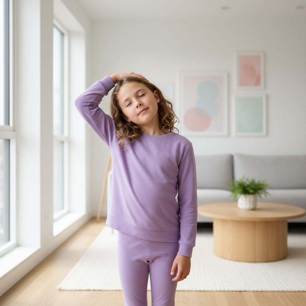 A 9-year-old girl doing a gentle neck stretch in a bright living room, natural lifestyle photography