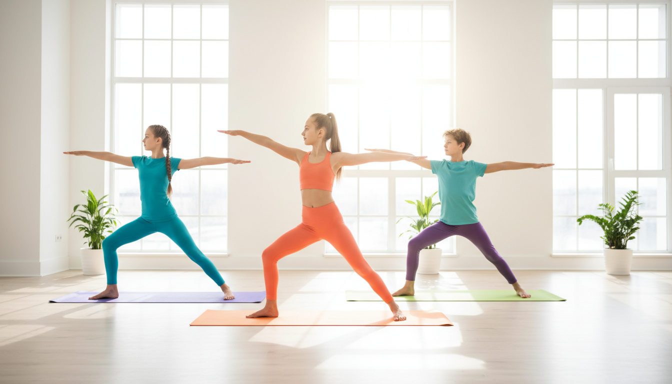Group of teenagers doing yoga poses together in a sunny studio for posture correction