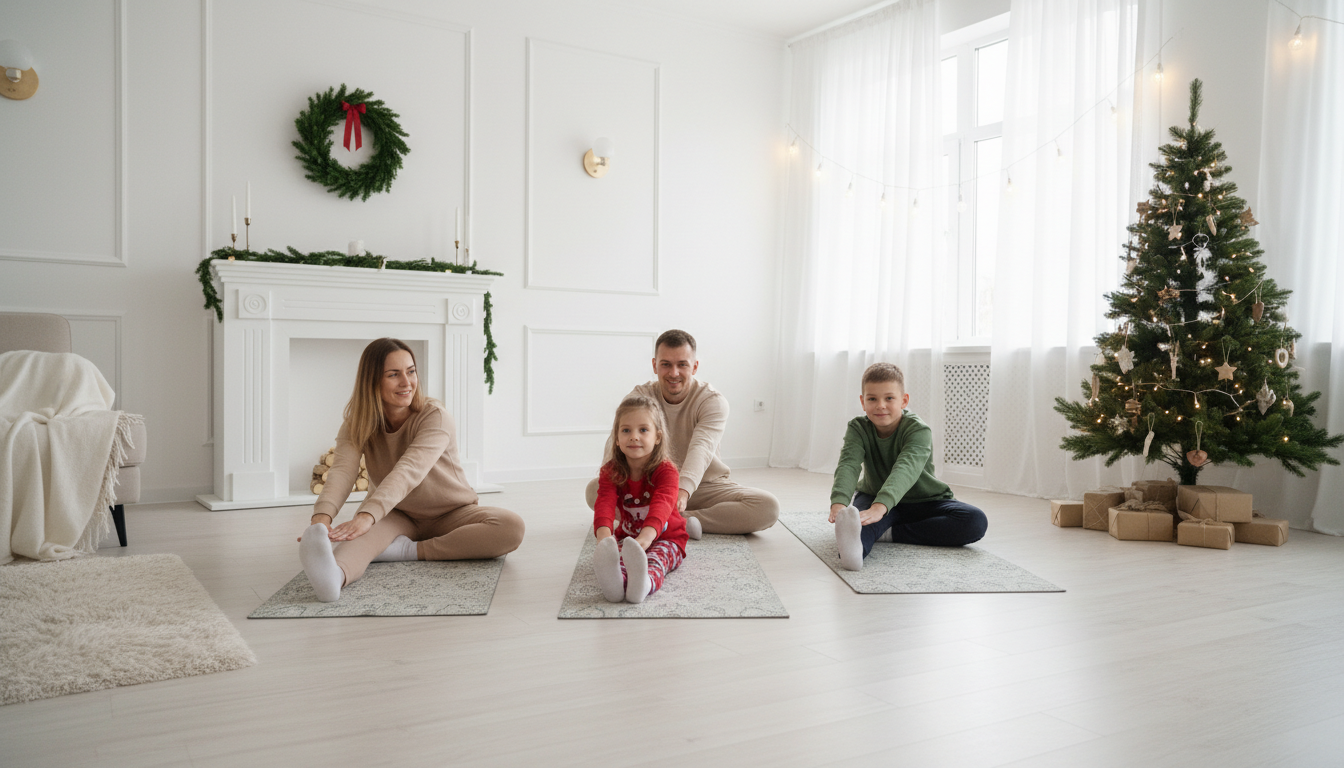 Family doing holiday exercises and stretches together in a festive living room during winter break
