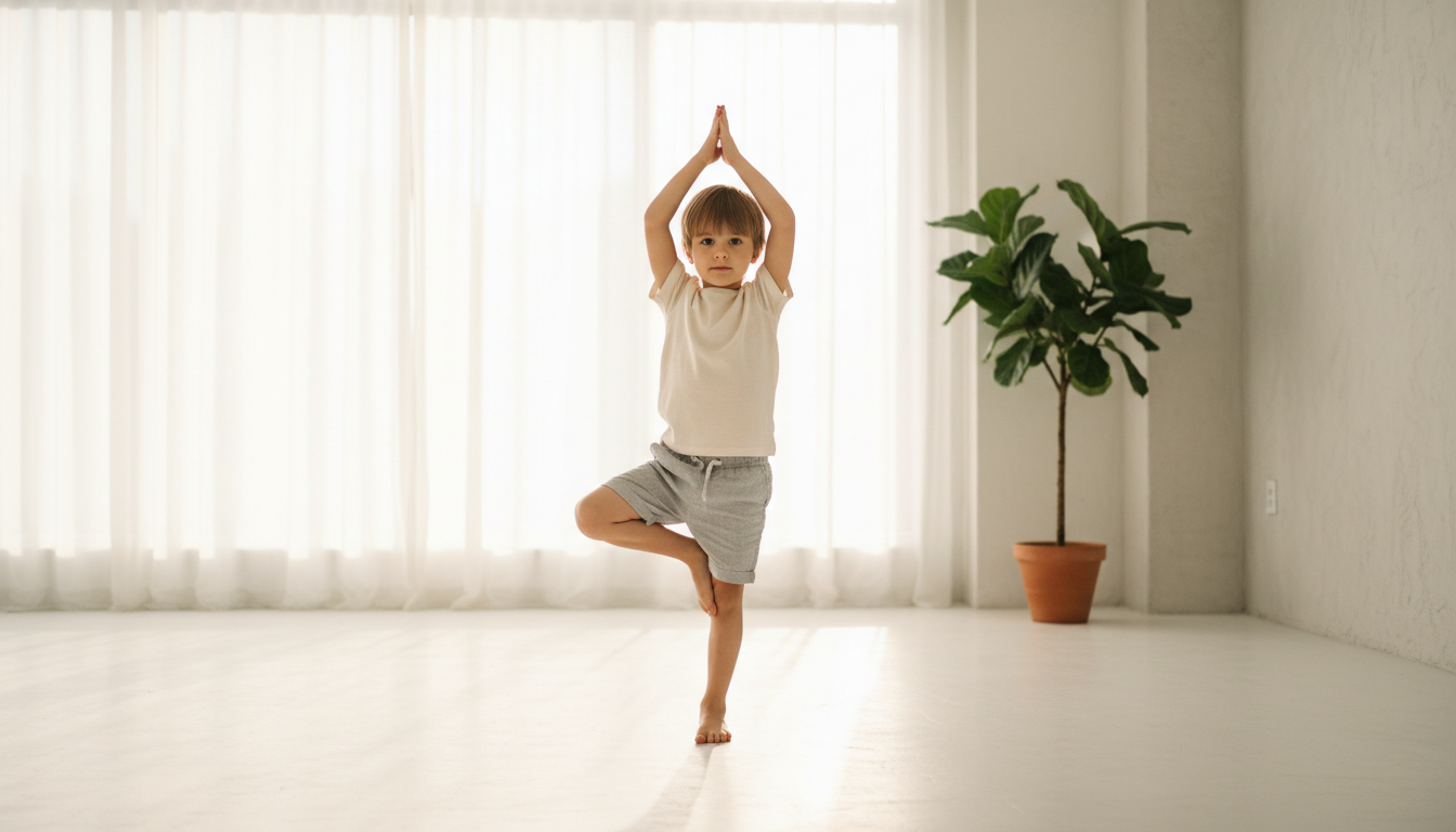 Child doing tree pose on one leg
