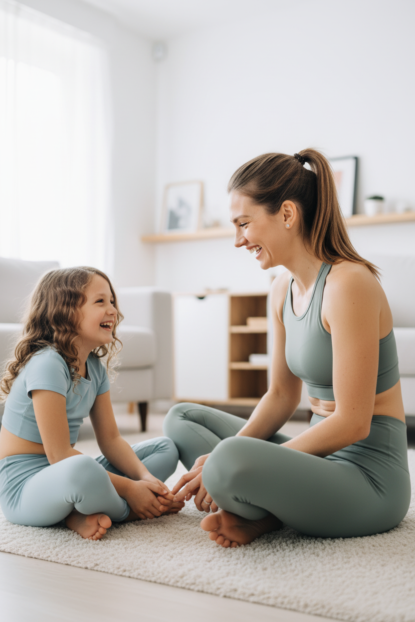 Mom and older daughter doing barefoot foot exercises together on a living room rug