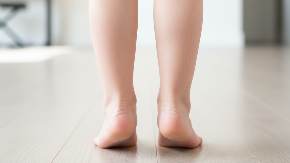 Close-up of a child's bare feet standing on a hard floor showing mild overpronation