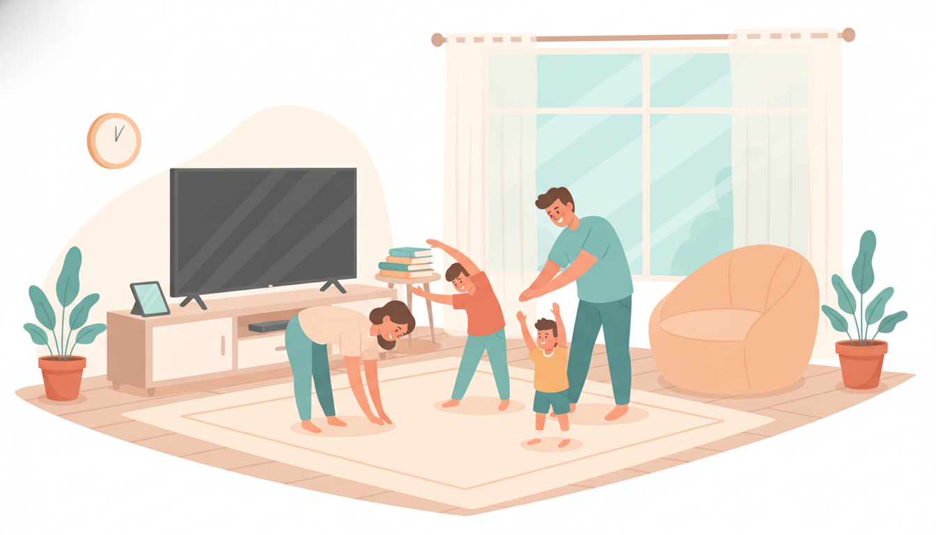 Family stretching together away from screens