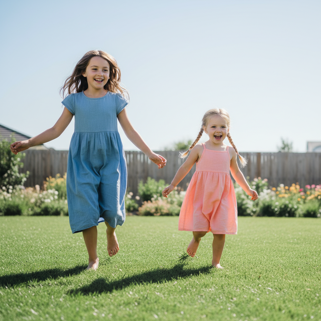 Two kids running barefoot on green grass in a sunny backyard