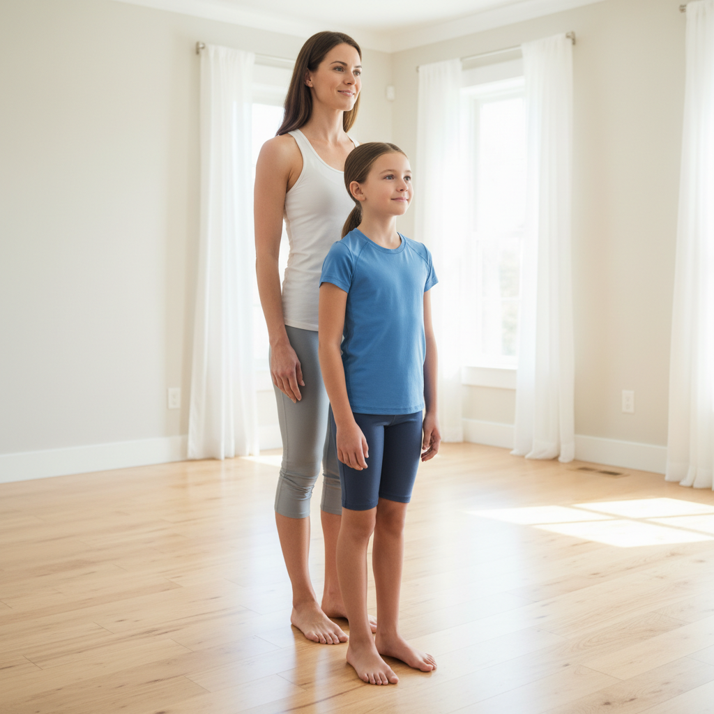 Mom helping her 9-year-old daughter practice chin tucks in a bright living room