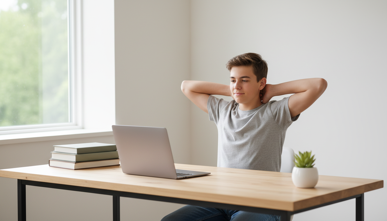 Teenage boy stretching his shoulders at a study desk for better posture