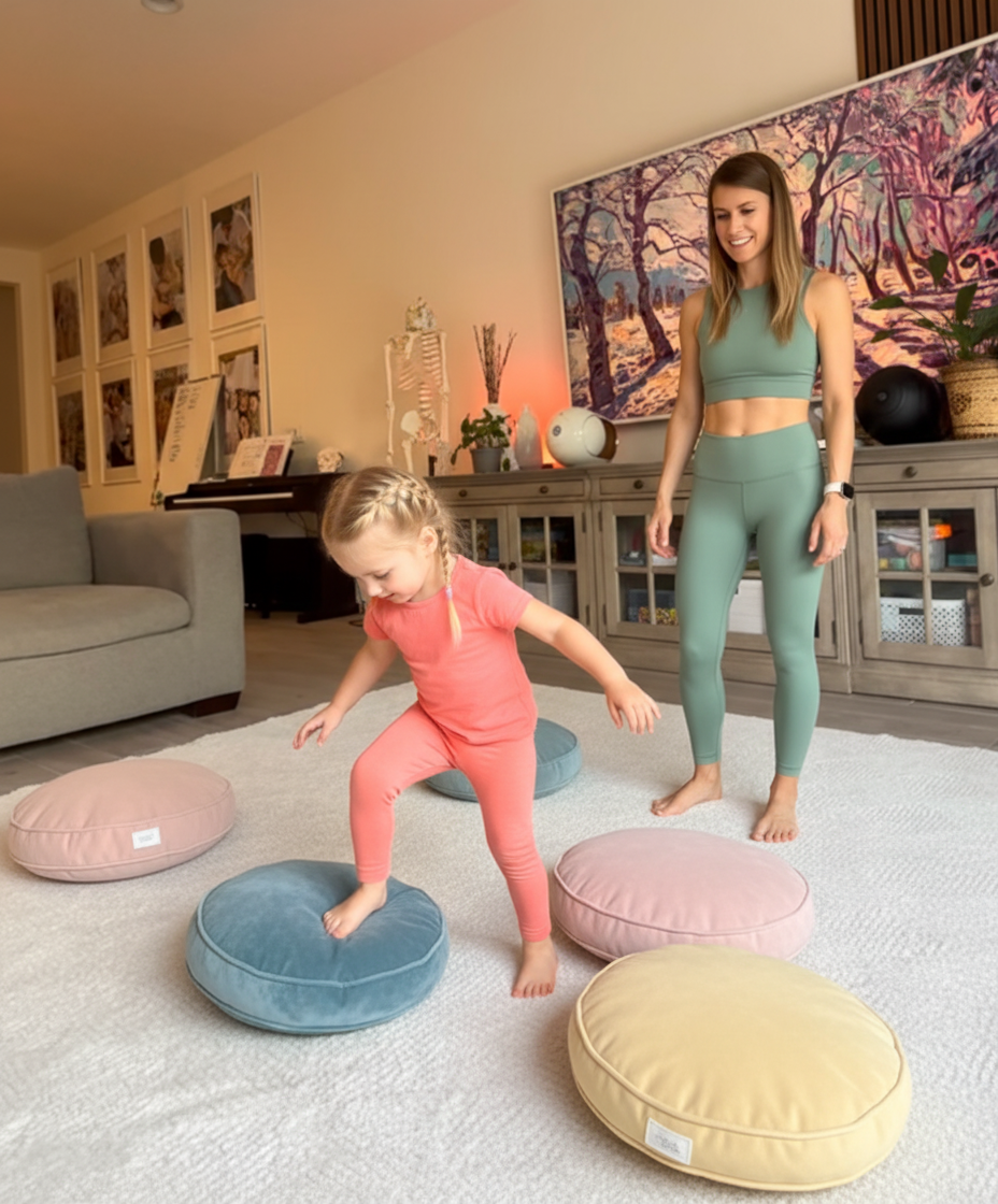 Mom and young daughter doing animal walk exercises together barefoot in a living room