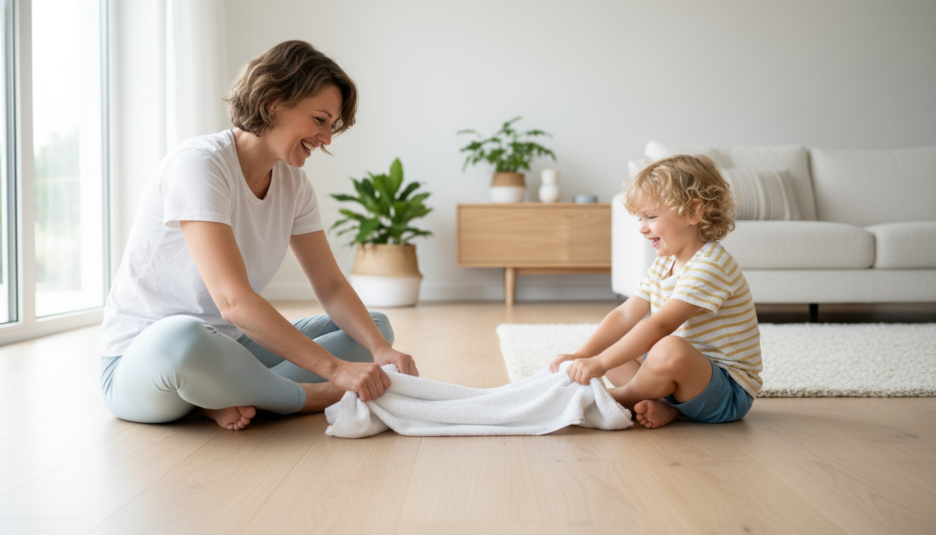 Parent and child doing flat feet exercises together at home
