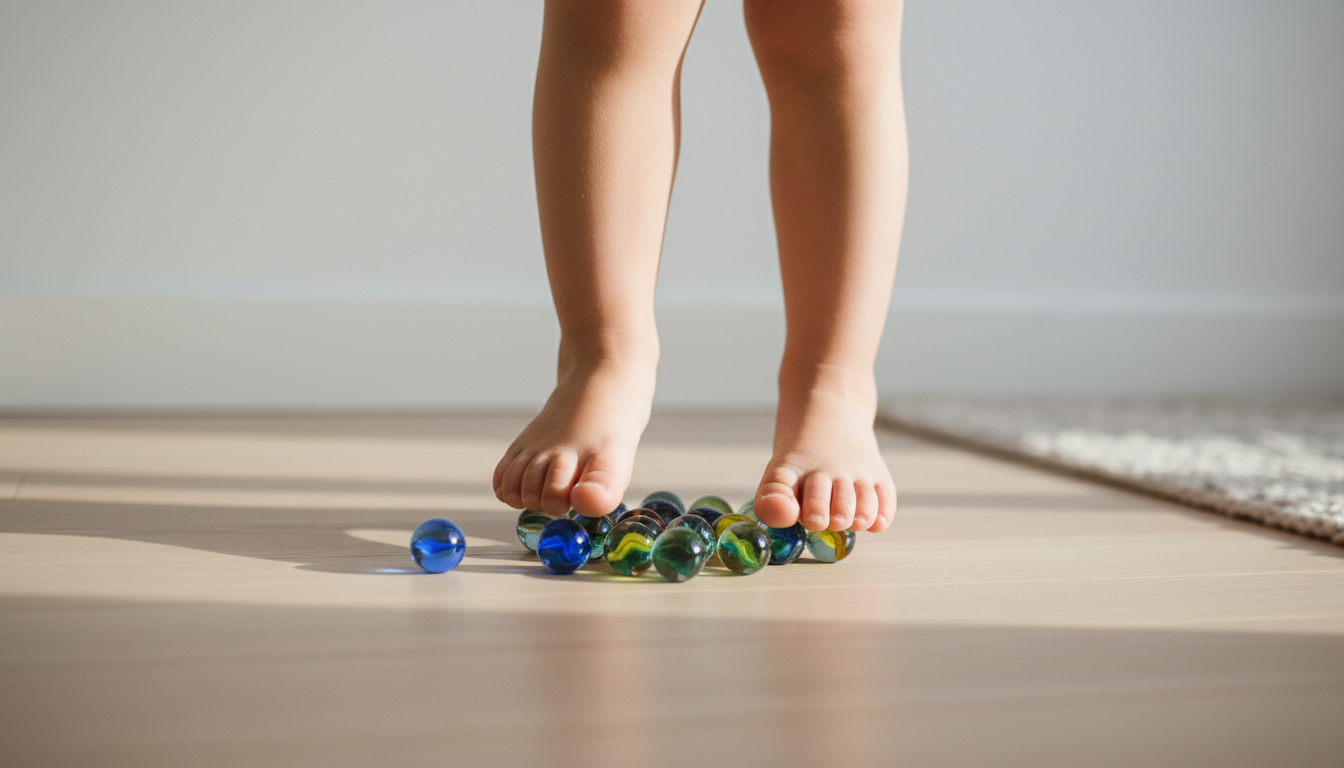 Child picking up marbles with toes