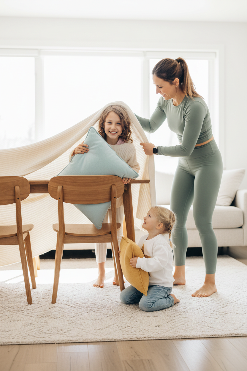 Mom and two kids building a pillow fort together in the living room