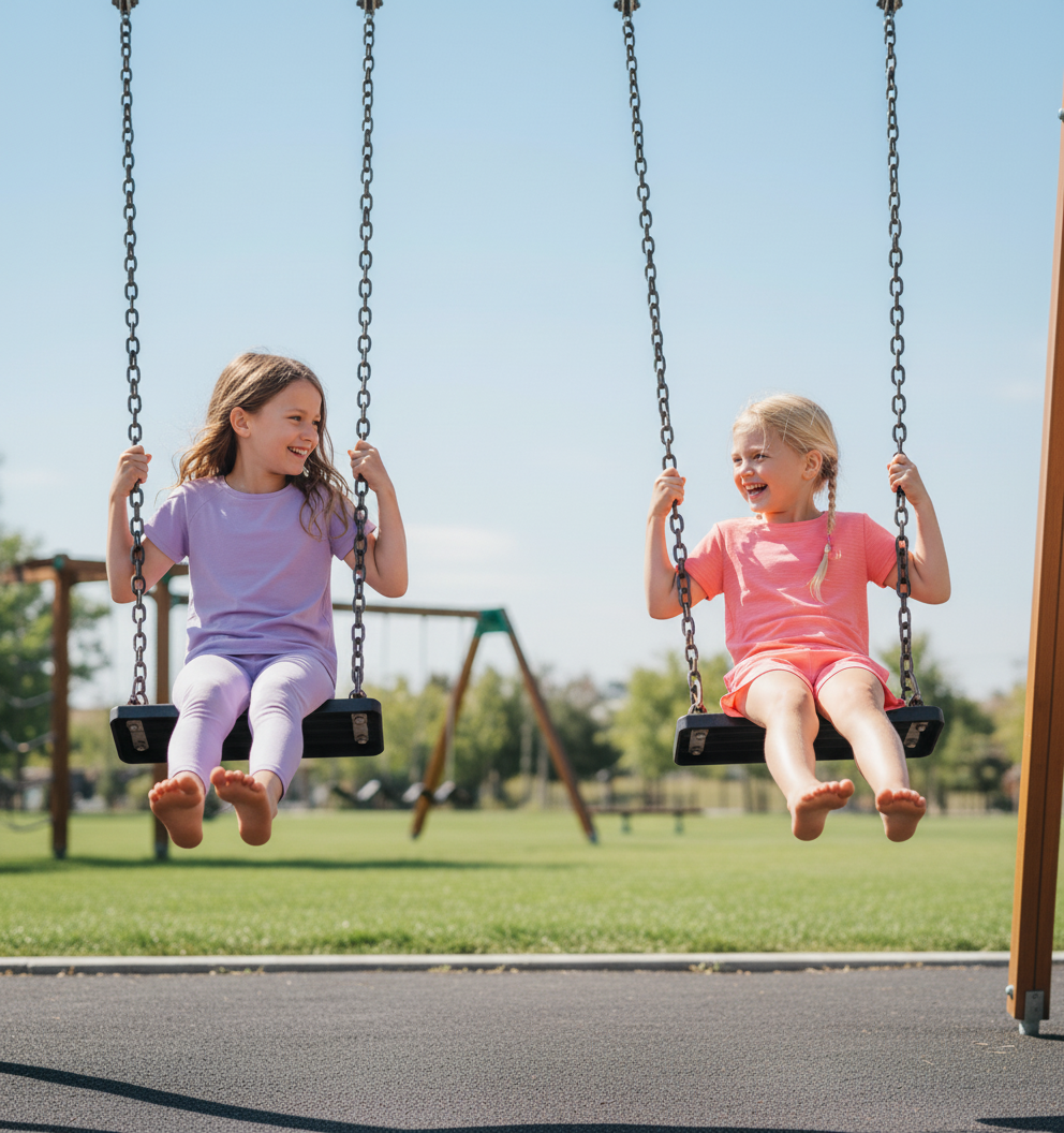 Two kids balancing on a low beam at a playground barefoot with trees in the background