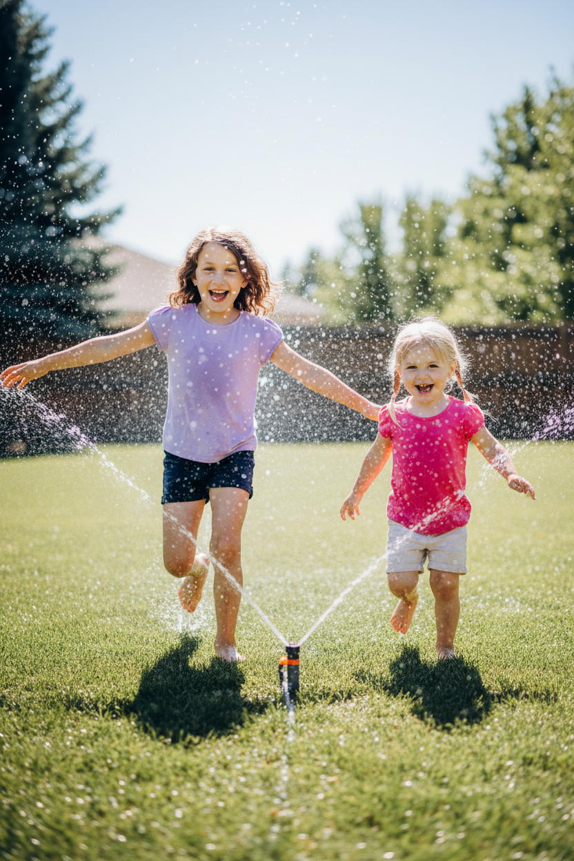 Two children running through a sprinkler in a sunny backyard, laughing