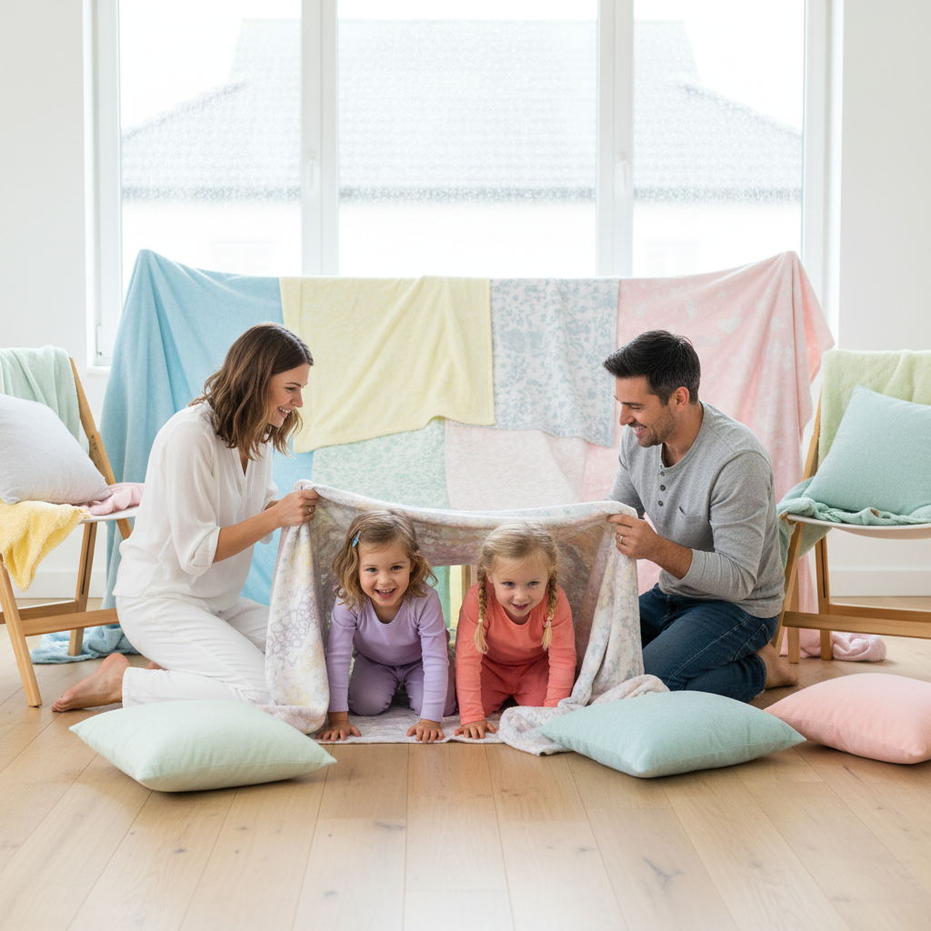 A family doing an indoor obstacle course together in their living room barefoot on a rainy day