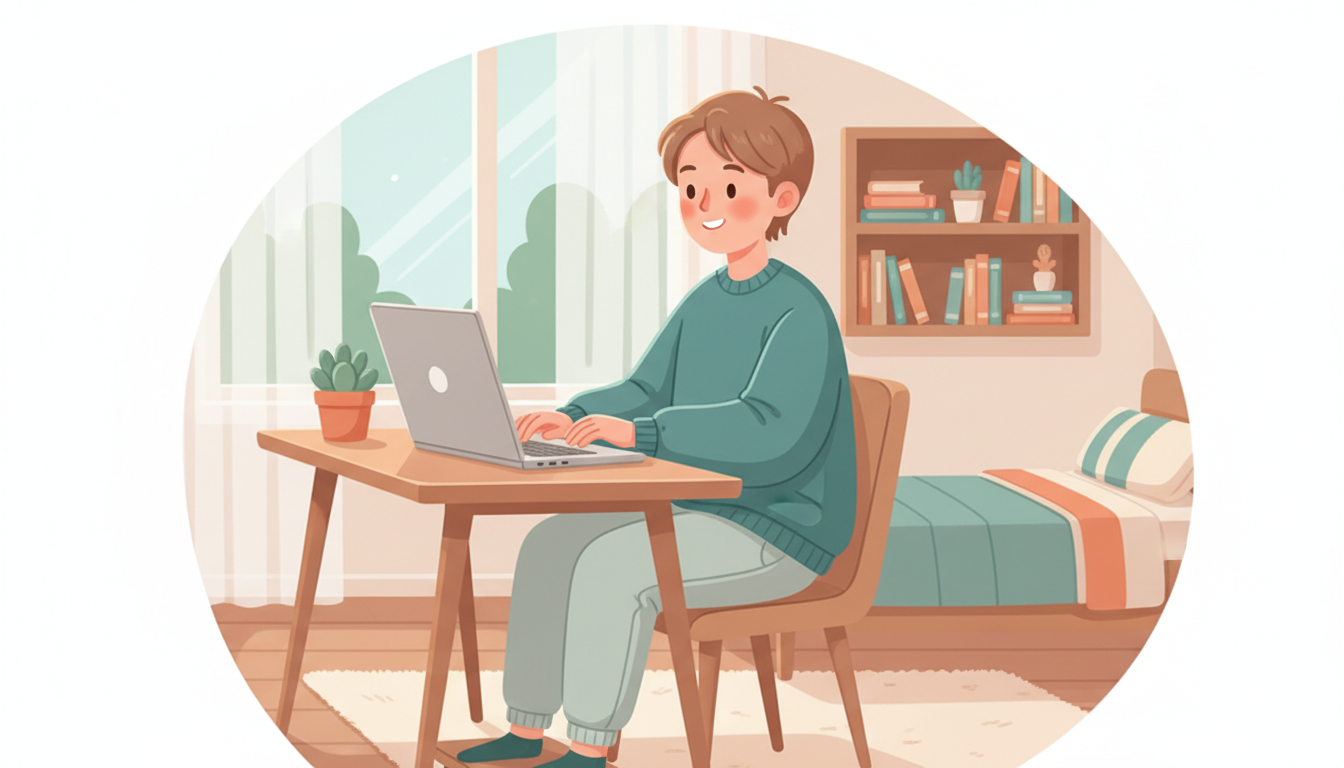 A 13-year-old teenager using a laptop at a desk with proper posture in a modern room