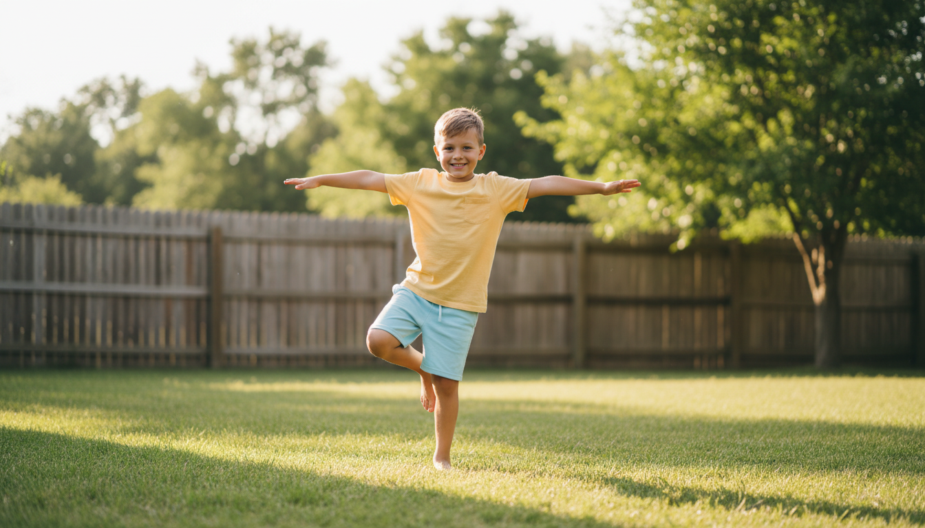 A 7-year-old boy practicing a balance exercise outdoors