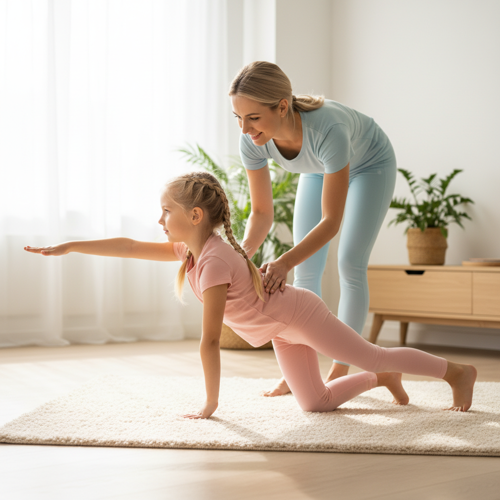 Young girl doing the Bird Dog exercise on a cream rug with mom guiding her form