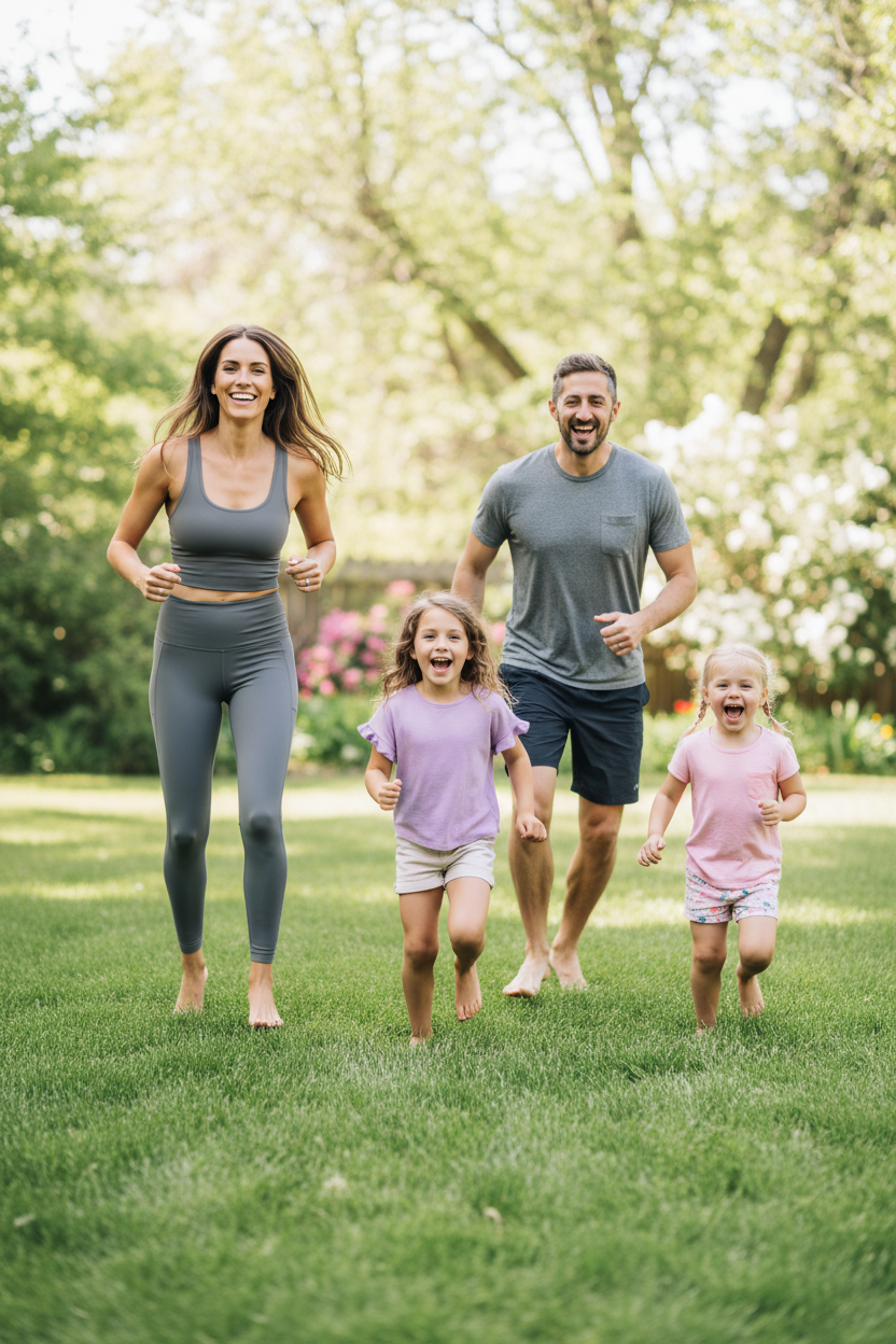 Family doing jumping jacks together in a sunny backyard