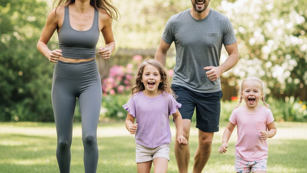 Family doing jumping jacks together in a sunny backyard