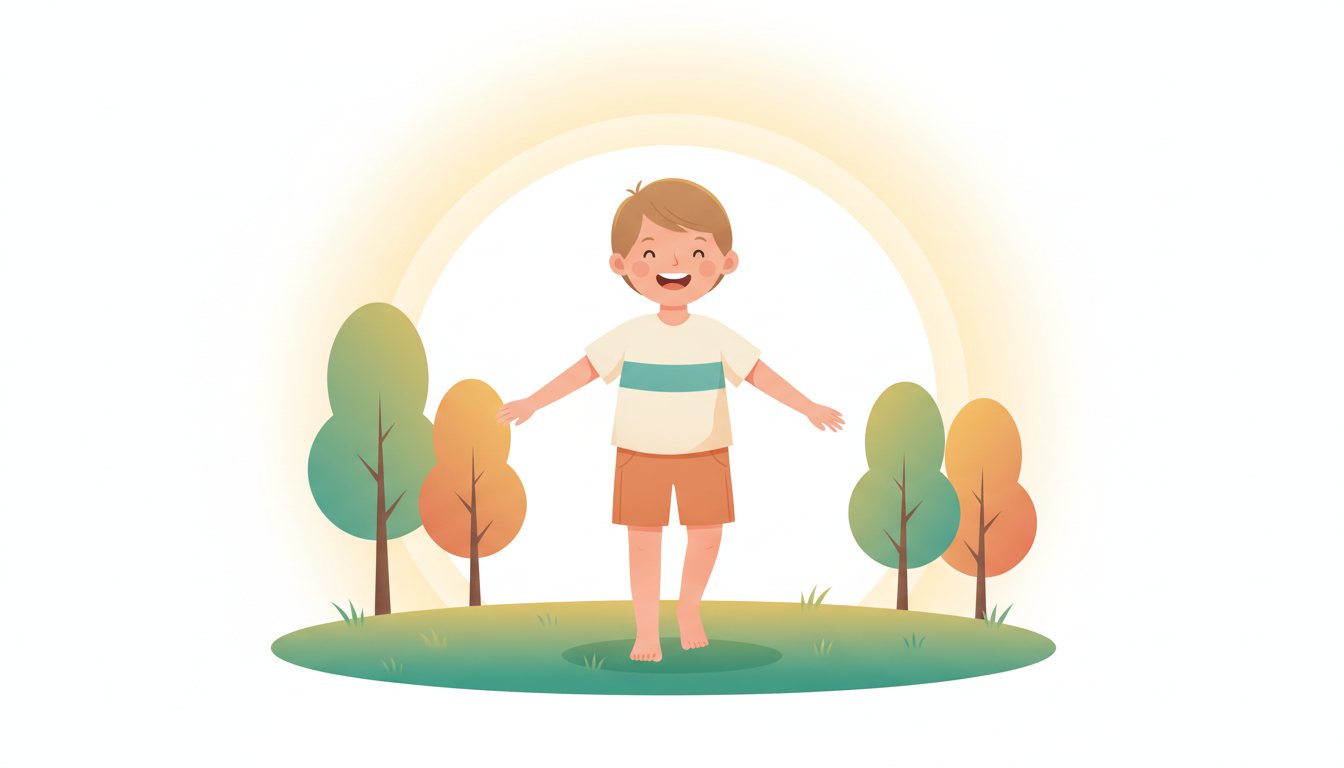 Child walking normally with bare feet on grass, showing healthy heel-to-toe gait