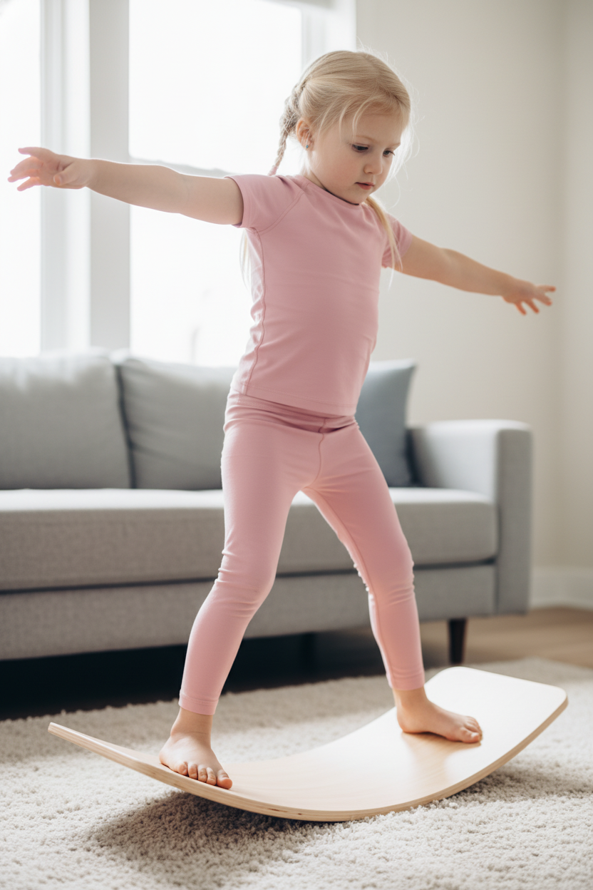 Young girl doing a single-leg balance board exercise barefoot in a living room