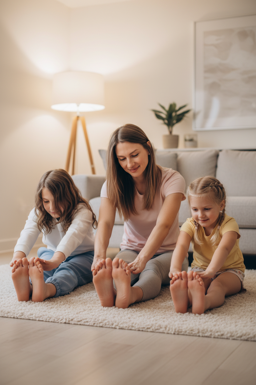 Mom and two daughters doing gentle stretches together on a living room rug in the evening