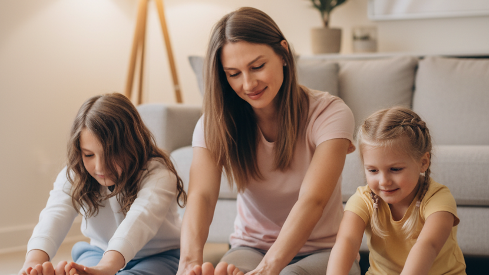 Mom and two daughters doing gentle stretches together on a living room rug in the evening