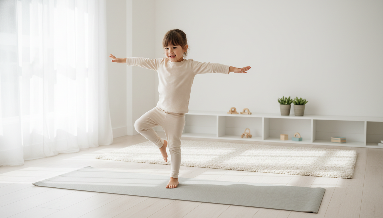 Child balancing on one leg on yoga mat