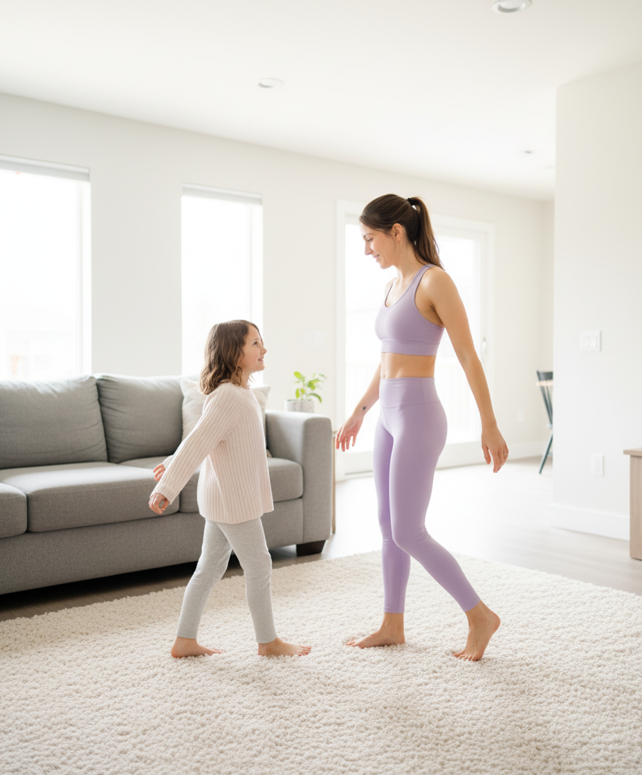 Mom helping her daughter with single-leg balance exercise for ankle stability