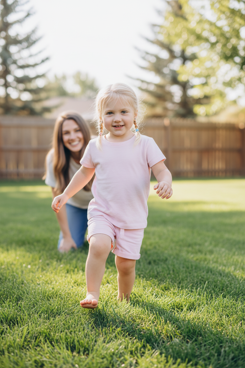 Toddler walking barefoot on grass in a sunny backyard with mom nearby
