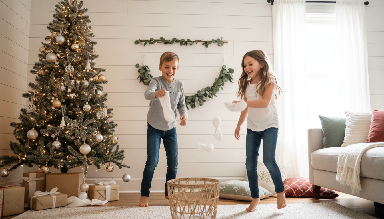 Kids playing an active Christmas movement game together near a holiday tree