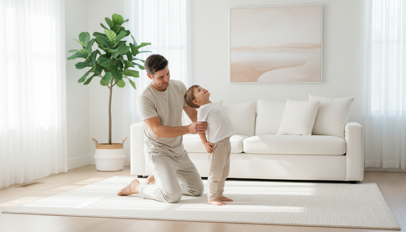 Parent helping child with back stretch