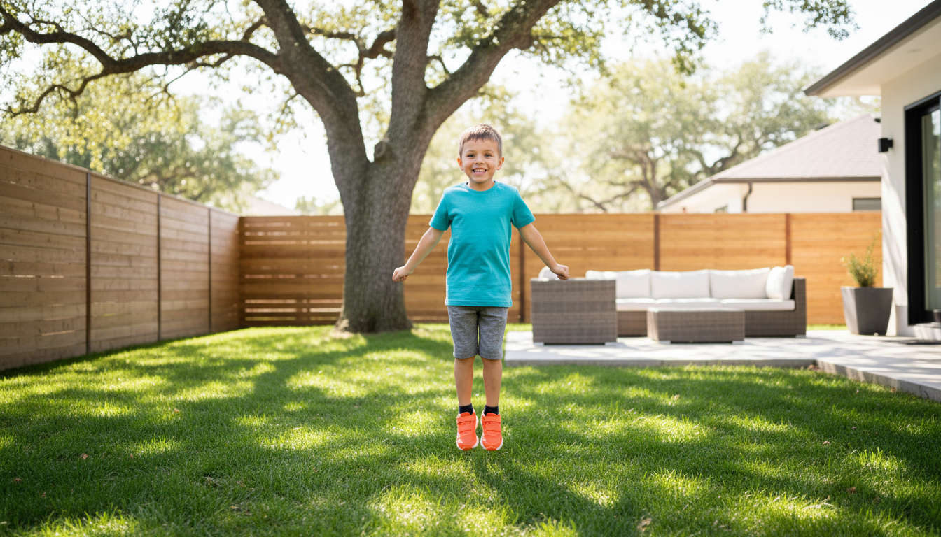 Boy doing jumping jacks outdoors as fun exercise for kids at home