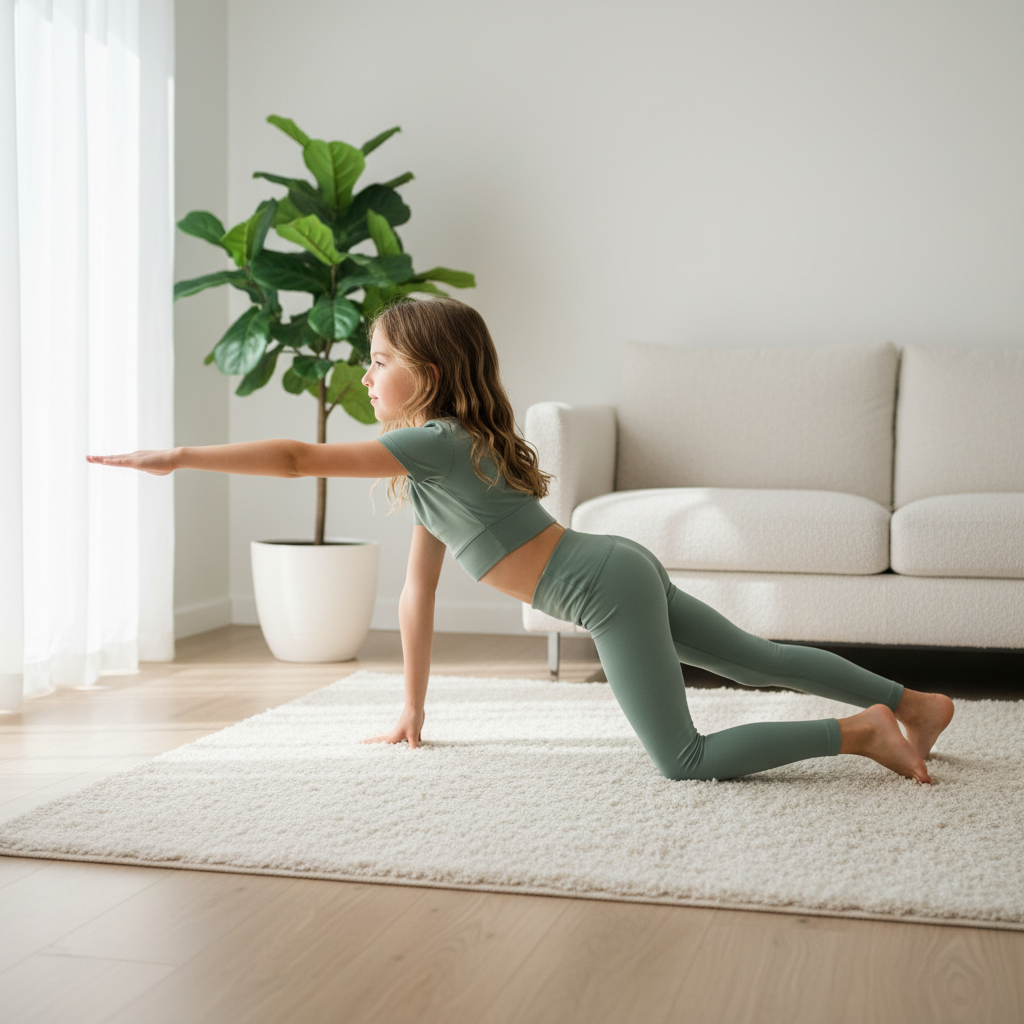 A 9-year-old girl doing a balance exercise on one leg barefoot on a cream rug