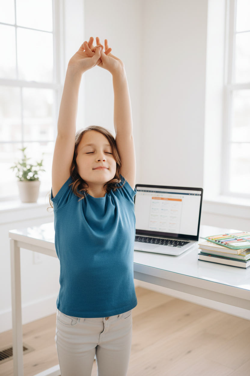 Child standing up from desk to stretch during a homework break in a bright room