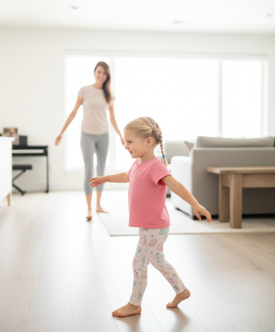 Young child walking on tiptoes barefoot across a living room while mom encourages her