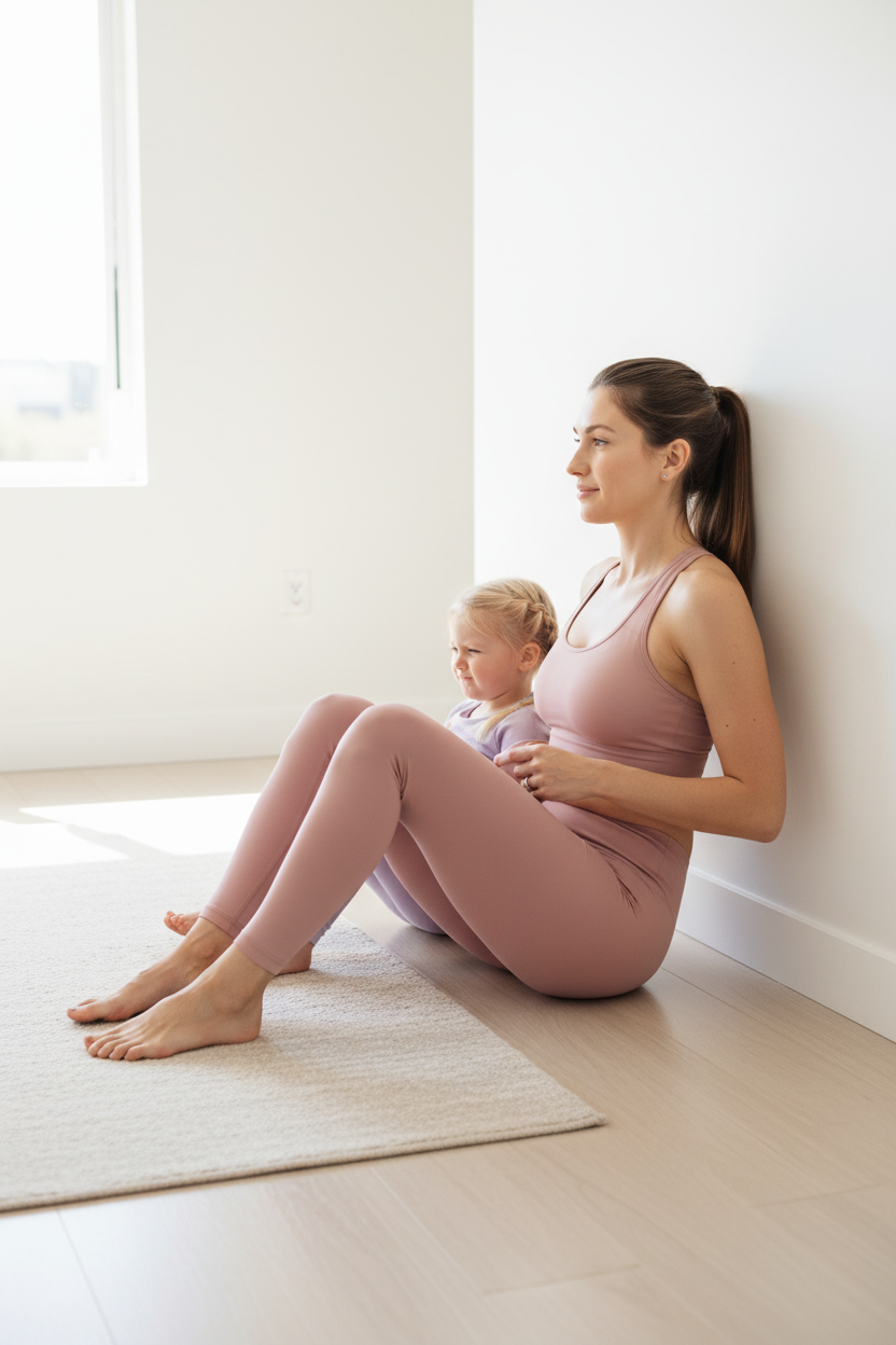 A young girl doing a single-leg balance exercise barefoot on a cream rug in a living room