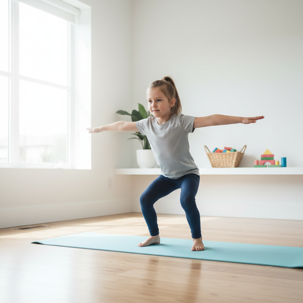 Child standing on tiptoes doing a balance squat exercise for knock knees