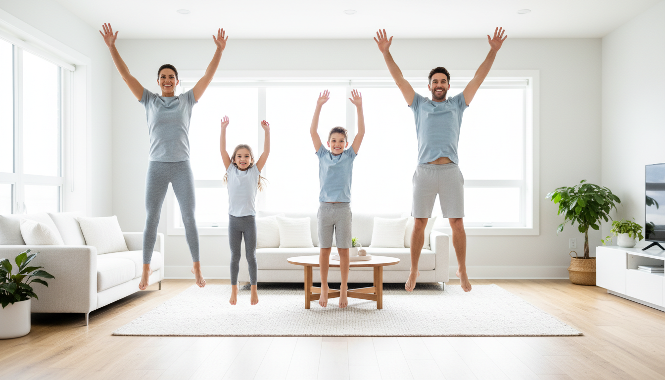Family of four doing jumping jacks together for a family exercise routine at home