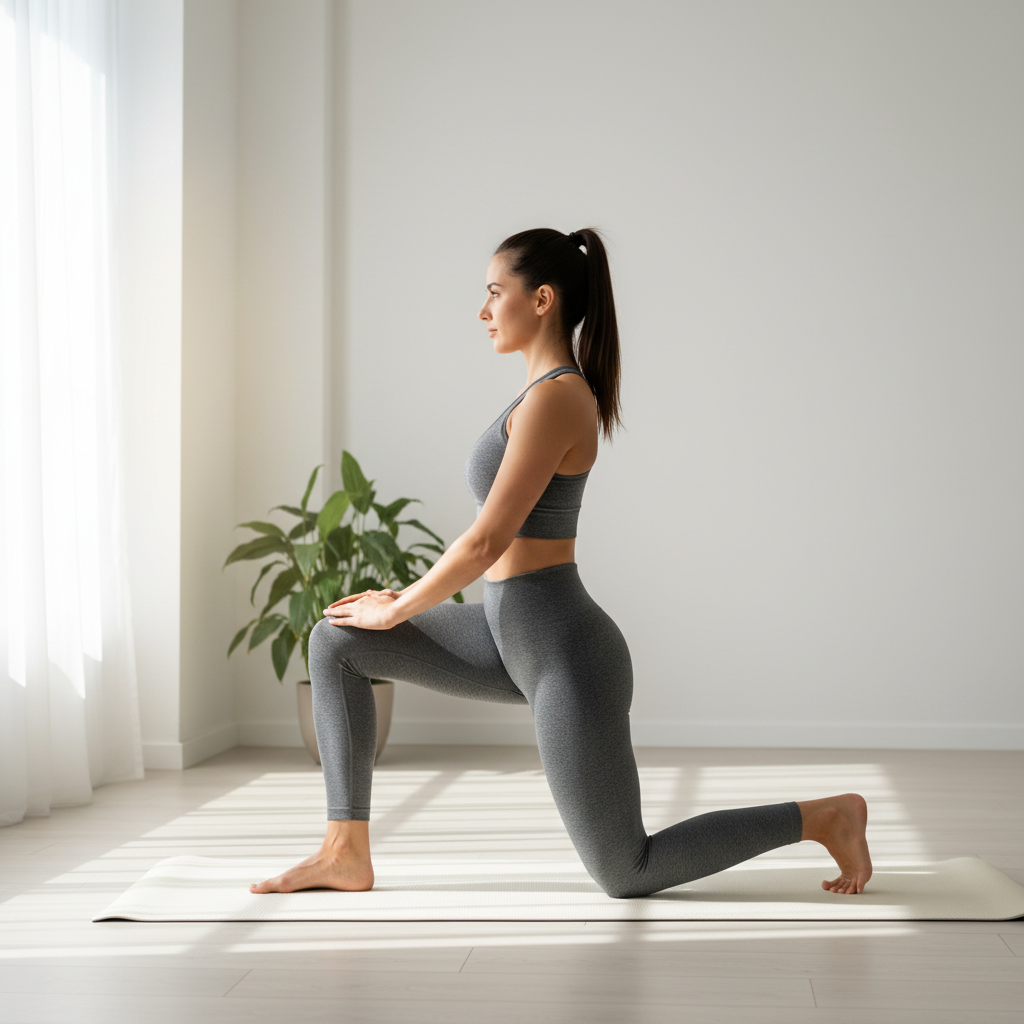 Mom doing a kneeling hip flexor stretch on a yoga mat to relieve back pain from carrying baby