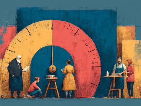 A painting of a team using various measuring devices.