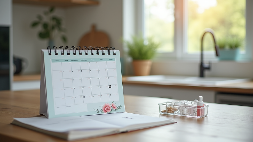 Close-up view of a calendar and medication organizer on a kitchen table